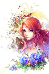  bird blue_eyes commentary_request female flower hair_ornament hawk jewelry leaf long_hair looking_at_viewer necklace original owl photoshop_(medium) ponytail red_hair smile sparrow yufy 