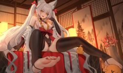  :d absurdres animal_ears asanagi_(azur_lane) azur_lane bare_shoulders barefoot blush breasts cameltoe cleavage_cutout clothing_cutout commentary_request detached_sleeves elbow_gloves fangs female fingerless_gloves fox_ears fox_girl fox_tail full_body gloves hand_up highres indoors jeze long_hair looking_at_viewer navel navel_cutout revision ribbon-trimmed_sleeves ribbon_trim sitting skindentation slit_pupils small_breasts smile solo spread_legs tail thighhighs thighs twintails very_long_hair white_hair wide_sleeves yellow_eyes 