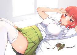  arm_up blue_eyes blunt_bangs blush breasts butterfly_hair_ornament commentary curvy dress_shirt eyelashes feet_out_of_frame female from_side go-toubun_no_hanayome green_skirt hair_down hair_ornament hand_up high-waist_skirt highres indoors kakato_0 knees_up large_breasts looking_at_viewer lying miniskirt nakano_nino on_back on_bed open_mouth pleated_skirt school_uniform shiny_skin shirt short_hair short_sleeves sidelocks skirt solo thighhighs thighs unworn_hair_ornament white_shirt white_thighhighs window zettai_ryouiki 