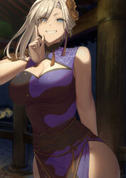  absurdres arm_behind_back bare_arms bare_shoulders blue_eyes breasts cleavage commentary dress english_commentary fate/samurai_remnant fate_(series) female hair_ornament hand_up highres kakeku large_breasts looking_at_viewer medium_hair miyamoto_musashi_(fate) parted_lips sleeveless sleeveless_dress smile teeth white_hair 