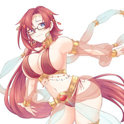  altheavin blue_eyes breasts choker dancer detached_sleeves earrings female gem glasses harem_outfit jewelry labyrista_(princess_connect!) large_breasts long_hair looking_at_viewer navel princess_connect! red_hair revealing_clothes see-through see-through_sleeves semi-rimless_eyewear solo thighlet under-rim_eyewear very_long_hair white_background 