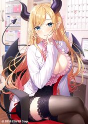  blonde_hair breasts chair cleavage coat crossed_legs demon_girl demon_horns demon_tail demon_wings female highres hololive horns indoors infirmary lab_coat lace-trimmed_thighhighs large_breasts long_hair looking_at_viewer mairo office_chair pointy_ears sitting sleeves_past_wrists smile solo swivel_chair tail thighhighs thumb_to_mouth two-sided_coat two-sided_fabric virtual_youtuber wings yuzuki_choco yuzuki_choco_(1st_costume) 