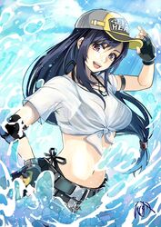  adjusting_clothes adjusting_headwear baseball_cap bikini bikini_under_clothes brown_eyes crop_top elbow_pads epikakh female final_fantasy final_fantasy_vii final_fantasy_vii_ever_crisis fingerless_gloves frayed_skirt front-tie_top gloves hat highres long_hair looking_at_viewer low-tied_long_hair miniskirt official_alternate_costume open_mouth see-through see-through_shirt shirt side-tie_bikini_bottom single_elbow_pad skirt solo swimsuit tifa_lockhart tifa_lockhart_(lifeguard) two-tone_headwear water wet wet_clothes wet_shirt whistle whistle_around_neck 