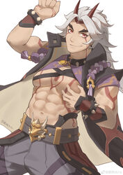  1boy abs absurdres arataki_itto bara bracelet choker facepaint feet_out_of_frame genshin_impact grabbing highres horns jewelry large_pectorals long_hair looking_at_viewer male_focus navel oni pectoral_grab pectorals red_eyes smile solo spiked_bracelet spiked_choker spikes stomach thick_eyebrows white_background white_hair xian_goutou_hz 