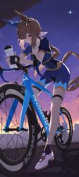  absurdres admire_vega_(umamusume) animal_ears bicycle bike_jersey bike_shorts black_gloves blue_shorts bottle breasts brown_hair cleavage commentary_request commission female gloves hair_ornament hair_ribbon highres holding holding_bottle horse_ears horse_girl horse_tail light_smile long_hair looking_at_viewer low_ponytail medium_breasts ningen_gokko outdoors partially_fingerless_gloves pixiv_commission power_lines purple_eyes ribbon road_bicycle shorts solo star_(sky) sweat tail thigh_strap tight_clothes twilight umamusume water_bottle white_footwear white_ribbon 