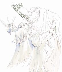  2boys absurdres armor bracelet crown dark_souls_(series) dark_souls_i dark_souls_iii dark_sun_gwyndolin dress facing_another feet_out_of_frame frills from_side highres holding_another&#039;s_leg jewelry long_sleeves male_focus multiple_boys pontiff_sulyvahn short_hair spiked_helmet torn_clothes torn_dress zunkome 