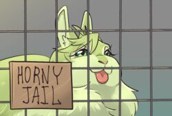  alternate_species ambiguous_gender cage caged countershade_face countershade_fur countershading dogshaming english_text eyelashes feral feralized fluffy fur furrification go_to_horny_jail gone_birdy green_body green_eyes green_fur lagomorph leporid lidded_eyes mammal meme nu:_carnival olivine_(nu:_carnival) rabbit smile solo text tongue tongue_out 