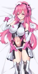  ahoge bed_sheet between_breasts black_necktie blush breasts cleavage clothes_lift dakimakura_(medium) elbow_gloves female from_above gloves highleg highres large_breasts long_hair looking_at_viewer lying matrix16 midriff navel necktie necktie_between_breasts on_back open_mouth pink_eyes pink_hair rasis skirt skirt_lift solo sound_voltex thighhighs thighs very_long_hair 