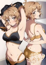  2girls antenna_hair ass back black_bra black_shorts blush bra breasts brown_eyes brown_hair closed_mouth commentary_request dual_persona embarrassed hair_ornament hairclip highres medium_breasts multiple_girls navel open_bra open_mouth orange_bra orange_panties panties senki_zesshou_symphogear senki_zesshou_symphogear_xd_unlimited shorts sidelocks stomach tachibana_hibiki_(symphogear) tachibana_hibiki_(symphogear)_(another) translation_request underwear underwear_only undressing unfastened yukitsuba_hina 