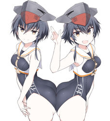  2girls :d ass ass-to-ass asymmetrical_hair black_hair black_one-piece_swimsuit brown_eyes character_name cowboy_shot hair_between_eyes hat i-13_(kancolle) i-14_(kancolle) kantai_collection multiple_girls neckerchief one-piece_swimsuit open_mouth sailor_collar sailor_shirt school_swimsuit shigino_sohuzi shirt short_hair sleeveless sleeveless_shirt smile swimsuit white_sailor_collar 