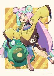  :d bellibolt bow-shaped_hair character_hair_ornament commentary_request eyelashes female green_hair hair_ornament highres iono_(pokemon) jacket knees long_hair long_sleeves multicolored_hair noboritoro open_mouth pink_hair pokemon pokemon_(creature) pokemon_sv shirt shoes sleeveless sleeveless_shirt sleeves_past_fingers sleeves_past_wrists smile star_(symbol) star_print teeth thigh_strap tongue twintails two-tone_hair upper_teeth_only yellow_jacket 