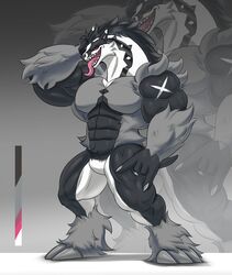  abs alternative_fashion anthro arm_tuft badger biceps big_biceps biped black_body black_fur black_hair body_tuft claws european_badger facial_tuft fangs featureless_crotch fur fur_markings generation_8_pokemon gesture glamrock grey_body grey_fur grey_hair hair hairy hand_behind_head hand_gesture head_tuft hi_res knee_tuft leg_tuft male mammal markings meles multicolored_body multicolored_fur muscular muscular_anthro muscular_arms muscular_legs muscular_male muscular_thighs mustelid musteline nintendo obstagoon open_mouth palette pecs pokemon pokemon_(species) pose red_eyes red_sclera serratus sharp_teeth shoulder_tuft solo tail teeth tongue tongue_out triceps tuft valentinesartx white_body white_fur white_hair 