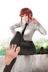  barefoot breasts brown_hair chainsaw_man easonx feet female foot_focus foreshortening highres long_hair looking_at_viewer makima_(chainsaw_man) necktie orange_eyes parted_lips presenting_foot ringed_eyes shoes sitting soles solo spread_toes swimsuit toes unworn_shoes variant_set 