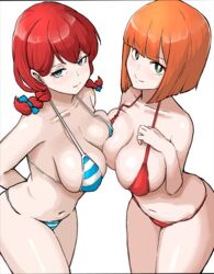  2girls alternate_breast_size alternate_costume asymmetrical_docking bikini blue_bikini blue_bow blue_eyes bob_cut bow braid breast_press breasts closed_mouth collar collarbone commentary_request freckles hairbow highres large_breasts looking_at_viewer mcdonald&#039;s mother_(yoru_mac) multiple_girls navel niceratus_kiotensis orange_hair red_bikini red_hair revision sideboob simple_background smile standing striped_bikini striped_clothes swimsuit thighs twin_braids twintails wendy&#039;s wendy_(wendy&#039;s) white_background yoru_mac 