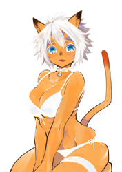  :d adventurer_(ff11) animal_ears bare_arms bare_shoulders between_legs blue_eyes bra breasts cat_ears cat_girl cat_tail cleavage collarbone colored_eyelashes doraeshi facial_mark fangs female final_fantasy final_fantasy_xi front-tie_bra hair_between_eyes hand_between_legs highres looking_at_viewer medium_breasts mithra_(ff11) open_mouth panties short_hair side-tie_panties simple_background sitting smile solo tail underwear v_arms whisker_markings white_background white_bra white_hair white_panties 