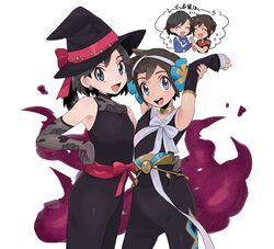  2boys :d armpits bare_shoulders black_dress black_headwear brendan_(pokemon) brown_hair calem_(pokemon) commentary_request cosplay crossdressing detached_sleeves dress earrings elbow_gloves flower gloves grey_eyes hair_flower hair_ornament hat highres jewelry male_focus multiple_boys open_mouth phoebe_(fall_2023)_(pokemon) phoebe_(pokemon) phoebe_(pokemon)_(cosplay) pokemon pokemon_masters_ex pokemon_oras pokemon_xy roxanne_(fall_2023)_(pokemon) roxanne_(pokemon) roxanne_(pokemon)_(cosplay) sana_(37pisana) short_hair smile teeth tongue upper_teeth_only witch_hat 