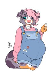  absurd_res anthro australian_shepherd breasts canid canine canis chalk clothing domestic_dog female hair herding_dog hi_res holding_object mammal one_eye_closed overalls pandora_(sleepycause) pastoral_dog pink_clothing pink_hair pink_sweater pink_topwear pregnant pregnant_anthro pregnant_female sheepdog shortalls sleepycause solo stickers_on_body sweater teacher thick_thighs topwear wink 