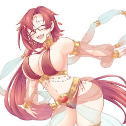  :d altheavin breasts choker closed_eyes dancer detached_sleeves earrings female gem glasses harem_outfit jewelry labyrista_(princess_connect!) large_breasts long_hair navel princess_connect! red_hair revealing_clothes see-through see-through_sleeves semi-rimless_eyewear smile solo thighlet under-rim_eyewear very_long_hair white_background 