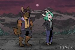  anthro barefoot bottomwear bovid brown_body brown_fur brown_hair brown_hyena caprine chibi clothed clothing cloud cracked_ground denim denim_bottomwear denim_clothing desert detailed_background digitigrade duo english_text feet female fur goat green_hair hair hand_in_pocket hand_on_hip hi_res hoodie hooves horn hyena jacket jeans lcb_meyneth leather leather_clothing leather_jacket leather_topwear limbus_company male mammal marrow_(sebastiansb) moon odessa pants pockets pride_pin project_moon red_sky road seven-stripe_rainbow_pride_colors shorts sky smile spiked_jacket spikes sprite_art style_emulation tail text topwear torn_clothing watermark white_body white_fur yellow_eyes 