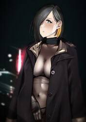  absurdres black_coat black_eyes black_hair blonde_hair blush bodystocking breasts cleavage coat coat_on_shoulders commentary_request covered_navel female hair_over_one_eye highres kamura_(rain_prophet) large_breasts looking_at_viewer mole mole_above_eye mole_on_breast mole_under_mouth multicolored_hair night one_eye_covered original outdoors pupi_(rain_prophet) see-through short_hair solo sweat two-tone_hair unbuttoned 