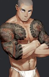  1boy arm_tattoo bara black_background bored buzz_cut chest_tattoo closed_mouth cowboy_shot crossed_arms dragon_tattoo facial_hair fundoshi gentle2nd goatee_stubble highres japanese_clothes jitome looking_at_another male_focus male_underwear muscular muscular_male navel_hair nipples original pectorals ryuu_ga_gotoku sanpaku scar scar_on_face serious shaved_head short_hair signature solo sparse_stubble stubble tattoo thick_eyebrows underwear underwear_only v-shaped_eyebrows very_short_hair 