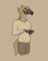  anthro bottomwear claws clothing dinosaur extinct feathers gallimimus green_eyes hi_res jude_(zagz) looking_at_viewer male ornithomimid prehistoric_species reptile scalie shorts simple_background solo sweater tail tan_body theropod topwear zagz 