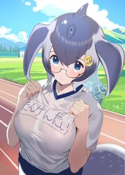  anchor_hair_ornament blowhole blue_eyes blue_hair blue_whale_(kemono_friends) breasts cetacean_tail day dorsal_fin female fins fish_tail glasses grey_hair gym_shirt gym_shorts gym_uniform hair_between_eyes hair_ornament head_fins highres ieinu_account japari_symbol kemono_friends kemono_friends_3 large_breasts long_hair looking_at_viewer multicolored_hair name_tag official_alternate_costume outdoors running_track semi-rimless_eyewear shirt short_sleeves shorts sidelocks solo t-shirt tail translation_request whale_girl white_shirt 