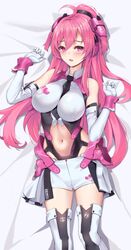  ahoge bed_sheet between_breasts black_necktie blush breasts cleavage dakimakura_(medium) elbow_gloves female from_above gloves highleg highres large_breasts long_hair looking_at_viewer lying matrix16 midriff navel necktie necktie_between_breasts on_back open_mouth pink_eyes pink_hair rasis solo sound_voltex thighhighs thighs very_long_hair 