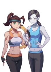  2girls absurdres bare_shoulders black_hair blue_shirt brown_hair capri_pants crop_top crossover demon_avenger fingerless_gloves gloves highres midriff multiple_girls muscular muscular_female navel pale_skin pants ring_(ring_fit_adventure) ring_fit_adventure ring_fit_trainee ring_fit_trainee_(female) shirt simple_background sleeveless sleeveless_shirt sports_bra white_background wii_fit wii_fit_trainer wii_fit_trainer_(female) 