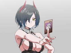  azur_lane bare_shoulders between_fingers black_hair breast_strap breasts card card_between_fingers cleavage closed_mouth collarbone collared_shirt commentary_request covered_nipples crop_top cyber_dragon ear_piercing eyes_visible_through_hair female hair_between_eyes hair_ornament hair_over_one_eye highres holding horns large_breasts looking_at_viewer mechanical_horns multicolored_hair nail_polish piercing red_horns red_nails shirt short_hair sidelocks simple_background solo standing trading_card ulrich_von_hutten_(azur_lane) upper_body wakoudo white_hair white_shirt yellow_eyes yu-gi-oh! 