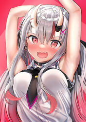  absurdres armpits arms_up black_choker black_necktie black_ribbon blush breasts buttons center-flap_bangs choker collared_shirt commentary earrings embarrassed eyelashes female gradient_hair grey_hair hair_between_eyes hair_ornament hair_ribbon highres hololive horns jewelry long_hair looking_at_viewer medium_breasts multicolored_hair nakiri_ayame nakiri_ayame_(streetwear) necktie oerba_yun_fang official_alternate_costume open_mouth pink_background pink_hair red_background red_eyes red_hair revision ribbon shadow shiny_skin shirt short_necktie short_sleeves sidelocks skin-covered_horns skin_fang sleeveless sleeveless_shirt solo streaked_hair tearing_up tears terra_bose tsurime twintails upper_body v-shaped_eyebrows very_long_hair virtual_youtuber white_shirt x_hair_ornament 