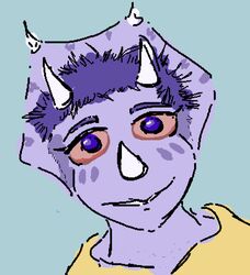  2023 3_horns anthro blue_background cavemanon_studios ceratopsian digital_drawing_(artwork) digital_media_(artwork) dinosaur drugs extinct eyelashes female frill_(anatomy) goodbye_volcano_high hair horn looking_at_viewer meme multi_horn ornithischian prehistoric_species purple_body purple_eyes purple_hair purple_scales reptile scales scalie short_hair simple_background smile snoot_game solo stoned substance_intoxication triceratops trish_(gvh) unknown_artist 