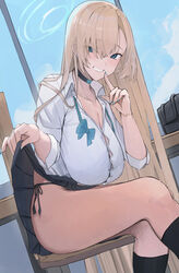  asuna_(blue_archive) asymmetrical_bangs black_panties black_skirt black_socks blonde_hair blue_archive bow bowtie breasts button_gap classroom cleavage clothes_lift collarbone commentary earrings feet_out_of_frame female finger_to_mouth fingernails halo highres huge_breasts indoors jewelry kneehighs lifting_own_clothes long_hair looking_at_viewer looking_to_the_side nail_polish open_collar panties pleated_skirt ref_(pmxt4483) sagging_breasts school_uniform shirt side-tie_panties side-tie_peek sitting skirt skirt_lift socks solo straight_hair stud_earrings thighs underwear undone_bowtie very_long_hair white_shirt 