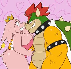  1boy absurdres arm_around_waist armlet blush bowser breasts cleavage collar colored_skin crown elephant_girl elephant_peach elephant_tail eye_contact female furry furry_female furry_male furry_with_furry heart heart_background highres horns large_breasts leotard light_blush looking_at_another mario_(series) mini_crown monamania pink_background pink_leotard pink_skin princess_peach red_hair sharp_teeth smile snort spiked_armlet spiked_collar spiked_shell spikes super_mario_bros._wonder sweat teeth 