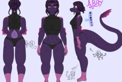  abby_(gvh) anthro ass breasts clothing dinosaur dromaeosaurid extinct female goodbye_volcano_high hair hi_res model_sheet nuar_come_mundos orange_eyes panties prehistoric_species purple_body purple_hair reptile scalie solo theropod underwear utahraptor 