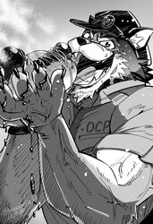  anthro barrel_(live_a_hero) biceps canid canine canis clothing eating food hot_dog lifewonders live_a_hero male mammal masapeko33 monochrome police police_hat police_uniform solo uniform vein veiny_muscles wolf 