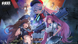  5girls a.c.p.u._(nikke) absurdres aiming aiming_at_viewer anchor_print arm_guards armband bandolier black_gloves blue_eyes blush breasts brown_eyes brown_hair chains closed_mouth collared_shirt corset cropped_shirt drake_(nikke) explosion flat_chest floating_hair flower food food_on_face frills gloves goddess_of_victory:_nikke green_eyes grey_skirt hair_flower hair_ornament hands_on_own_hips hat highres holding holding_weapon large_breasts light_blush long_hair looking_at_viewer midriff military_hat miniskirt miranda_(nikke) multiple_girls navel neckerchief novel_(detective_nurse)_(nikke) novel_(nikke) official_art pink_hair pleated_skirt poli_(nikke) police police_hat police_uniform policewoman pouch quiry_(nikke) red_neckerchief rocket_launcher sailor_collar sailor_shirt salute shirt short_sleeves shoulder_pads sidelocks skirt smile socks thighhighs thighs twintails uniform v-shaped_eyebrows very_long_hair wavy_hair weapon white_hair white_shirt white_thighhighs 