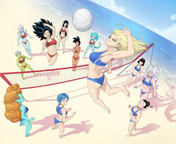  6+girls absurdres android_18 android_21 arm_up armpits ass ball beach beach_volleyball black_eyes blue_eyes blue_skin bob_cut breasts bulma_briefs butt_crack capsule_corp caulifla cheelai chi-chi_(dragon_ball) cleavage colored_skin curly_hair dark-skinned_female dark_skin dragon_ball dragon_ball_fighterz dragon_ball_heroes dragon_ball_super dragon_ball_z earrings english_commentary floating from_above green_skin grey_skin hair_bun highres jewelry kale_(dragon_ball) long_hair looking_up majin_android_21 midriff multiple_girls ocean pink_eyes pink_skin pointy_ears pointy_hair ponytail purple_eyes putine_(dragon_ball) red_eyes robelu shadow short_hair somegfguy sports_bikini sports_bra summer tail towa_(dragon_ball) trembling very_long_hair videl volleyball_(object) volleyball_net wide-eyed zangya 