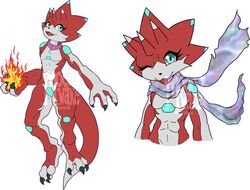  anthro bandai_namco betelgammamon blep claws codpiece digimon digimon_(species) female hi_res one_eye_closed red_body scalie scarf solo tongue tongue_out umbramoonwake wink 