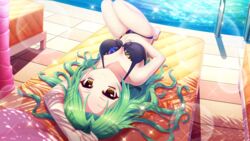  arm_up bare_legs barefoot bikini black_bikini breasts cleavage closed_mouth collarbone dot_nose female film_grain floral_print forehead front-tie_bikini_top front-tie_top game_cg green_hair hand_on_own_stomach izumi_tsubasu layered_bikini lens_flare long_hair looking_at_viewer lying mattress medium_breasts non-web_source official_art on_back poolside print_bikini re:stage! shirokita_kuroha smile solo sparkle swimsuit tile_floor tiles yellow_eyes 