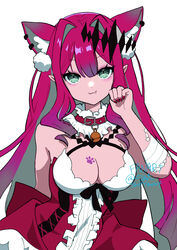  absurdres animal_ears baobhan_sith_(fate) bell breasts cat_ears cat_girl cleavage detached_collar dress fate/grand_order fate_(series) female frilled_dress frills green_eyes hair_ornament hand_up highres long_hair looking_at_viewer neck_bell oerba_yun_fang paw_pose paw_print pink_hair red_dress red_nails sharp_teeth sheyona sidelocks smile solo teeth white_background 