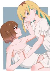  2girls absurdres blonde_hair blue_background blue_eyes border brown_eyes brown_hair camisole closed_mouth collarbone commentary couple green_hair hair_between_eyes hand_on_another&#039;s_cheek hand_on_another&#039;s_face highres holding_hands interlocked_fingers kouzuki_mahiru long_hair midriff multicolored_hair multiple_girls outside_border roots_(hair) short_hair short_sleeves shorts strap_slip white_border white_camisole white_shorts yamanouchi_kano yoru_no_kurage_wa_oyogenai yuri yuzutya 