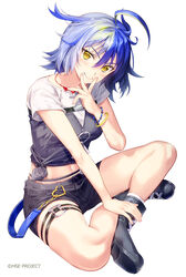  asakawa_kanata black_footwear black_shorts blue_hair boots breasts closed_mouth commentary_request crop_top female fishnets fujima_takuya hair_between_eyes hand_up highres highspeed_etoile looking_at_viewer medium_breasts multicolored_hair navel shirt short_shorts short_sleeves shorts simple_background sitting smile socks solo two-tone_hair v_over_mouth white_background white_shirt white_socks yellow_eyes 