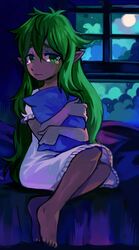  2016 5_fingers 5_toes bed bedding blanket clothed clothing detailed_background elf extyrannomon_(artist) feet female fingers furniture green_eyes green_hair hair hi_res hug hugging_object hugging_pillow humanoid humanoid_pointy_ears looking_at_viewer moon nightgown not_furry pillow plant solo straviios teary_eyes toes tree window 