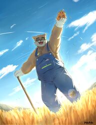  anthro bear belly brown_body brown_fur clothing eyewear farmer food fruit fur glasses gloves handwear harumuname hi_res jack-o&#039;-lantern lifewonders male mammal musclegut muscular outside overalls pecs plant pumpkin rake solo tokyo_afterschool_summoners tools volos_(tas) 