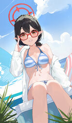  absurdres ayane_(blue_archive) ayane_(swimsuit)_(blue_archive) bikini black_hair blue_archive blue_shorts blush breasts collarbone day feet_out_of_frame female glasses grin halo highres jacket long_sleeves looking_at_viewer medium_breasts navel ni_de_pengyou ocean official_alternate_costume open_clothes open_jacket outdoors pointy_ears red-framed_eyewear red_halo short_hair shorts sitting smile solo striped_bikini striped_clothes swimsuit white_jacket yellow_eyes 