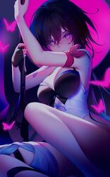  arm_ribbon bare_shoulders breasts bug butterfly convenient_leg female fingerless_gloves gloves glowing glowing_eyes hair_between_eyes hair_over_eyes hand_up highres holding holding_scythe holding_weapon honkai:_star_rail honkai_(series) large_breasts long_hair looking_at_viewer purple_background purple_butterfly purple_eyes purple_hair purple_theme ribbon rimuu scythe seele_(honkai:_star_rail) shaded_crotch sitting smile solo thighs very_long_hair weapon 