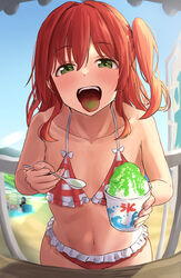  absurdres bikini blue_sky bocchi_the_rock! collarbone colored_tongue day female fisheye flat_chest food frilled_bikini frills green_eyes highres holding holding_spoon kirinagi35 kita_ikuyo koinobori kooribata long_hair one_side_up outdoors red_bikini red_eyes red_hair shaved_ice sky solo spoon swimsuit tongue tongue_out windsock 