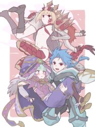  1boy 3girls aopix_001 black_gloves blonde_hair blue_hair boots braid breasts cape carrying carrying_over_shoulder carrying_person command_spell crown cu_chulainn_(fate) elbow_gloves fate/grand_order fate_(series) fujimaru_ritsuka_(female) fujimaru_ritsuka_(female)_(decisive_battle_chaldea_uniform) gloves green_hair hat highres locusta_(fate) multiple_girls navel nero_claudius_(fate) orange_hair princess_carry purple_eyes purple_skirt queen_draco_(fate) queen_draco_(second_ascension)_(fate) red_eyes setanta_(fate) single_elbow_glove skirt small_breasts 