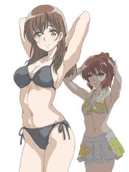  2girls arms_behind_head bikini bikini_skirt black_bikini breasts brown_eyes brown_hair cleavage hal-py hibike!_euphonium kuroe_mayu long_hair medium_breasts multiple_girls oumae_kumiko ponytail short_hair side-tie_bikini_bottom simple_background solo_focus swimsuit white_background white_bikini 